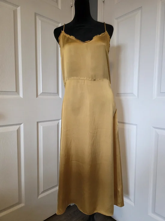 Aritzia Wilfred Satin Slip Midi Dress | Gold Mustard | Size 10 - Picture 4 of 9